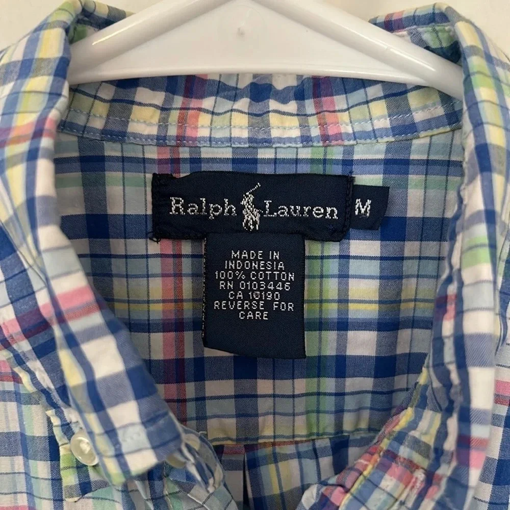 Ralph Lauren blue plaid button-down shirt size medium 10-12 short sleeve